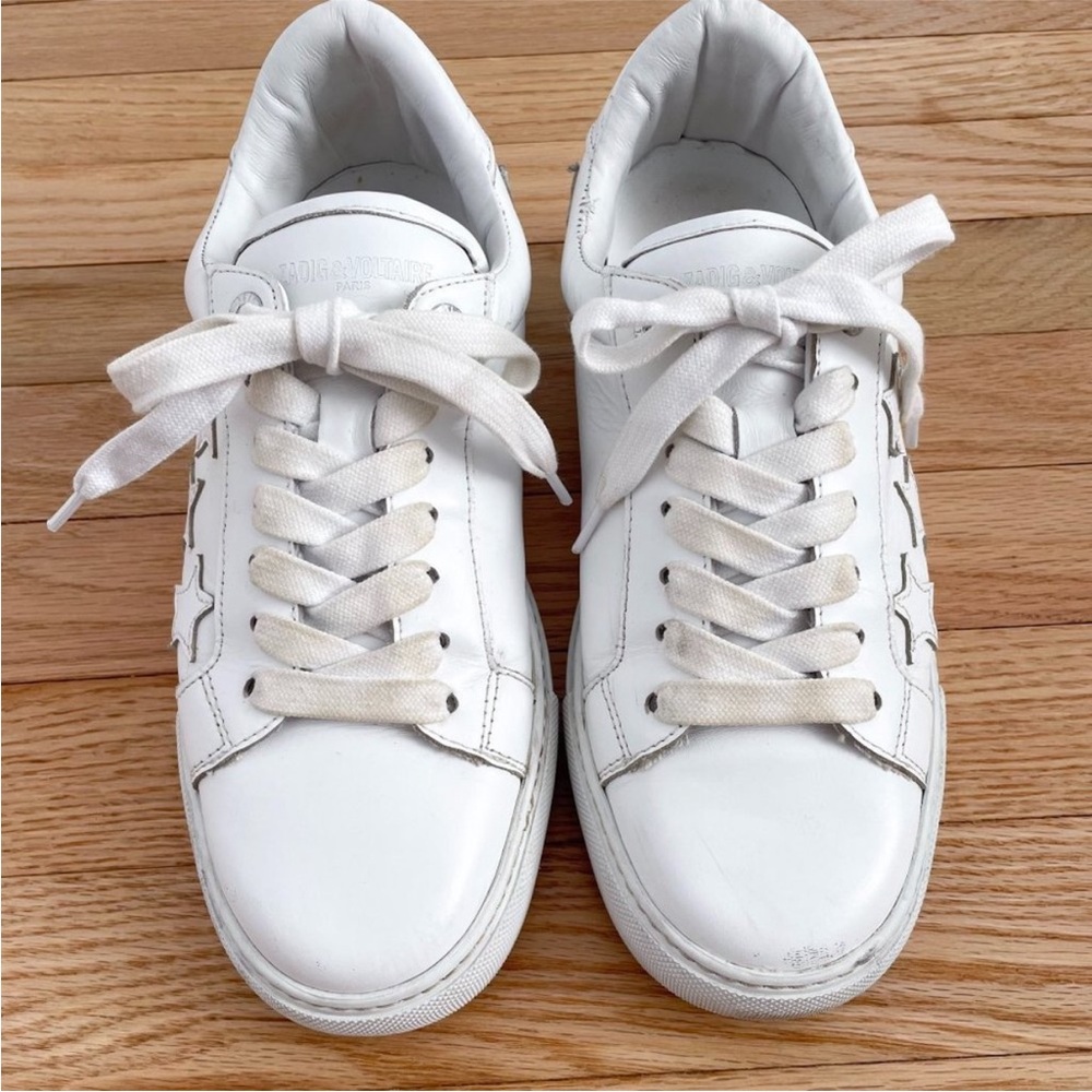 Zadig & Voltaire Stars Leather Sneakers Size 9 (40) White Distressed - Picture 5 of 9